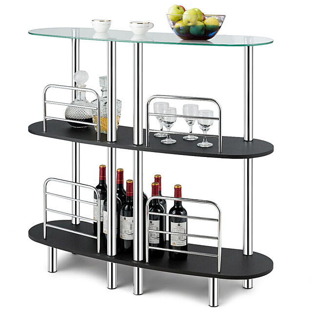 Costway Glass Bar Table With 2 Shelves and Underneath Wine Storage